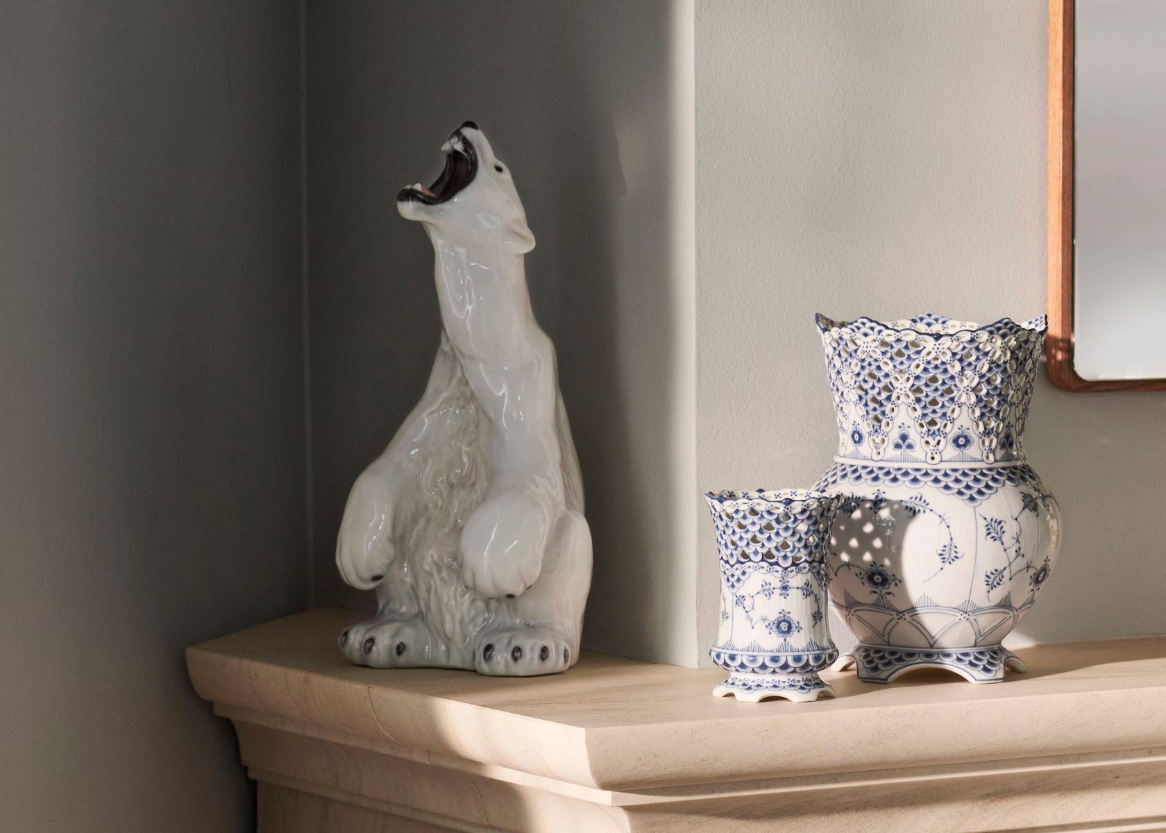 Polar bear from Royal Copenhagen and two Full Lace Vases